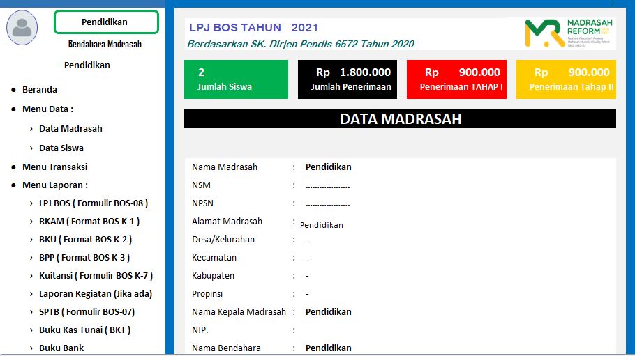Aplikasi LPJ BOS Madrasah Terbaru Tahun 2021/2022 Format Excel